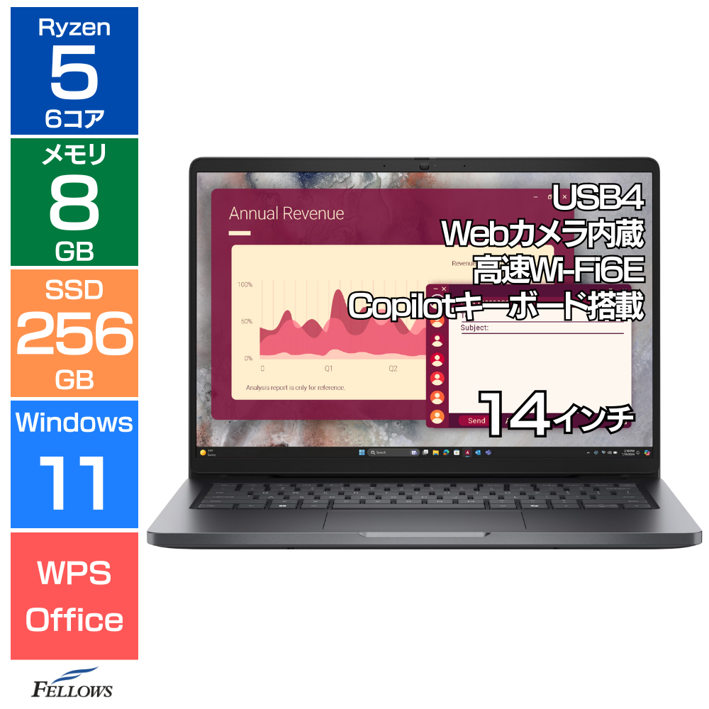 新品 ノートパソコン Dell Pro 14 Win11 Pro Ryzen 5 220 8GBメモリ 256GB SSD 14インチ Wi-Fi6E USB4 カメラ付き 軽い 高性能 AI ノートPC